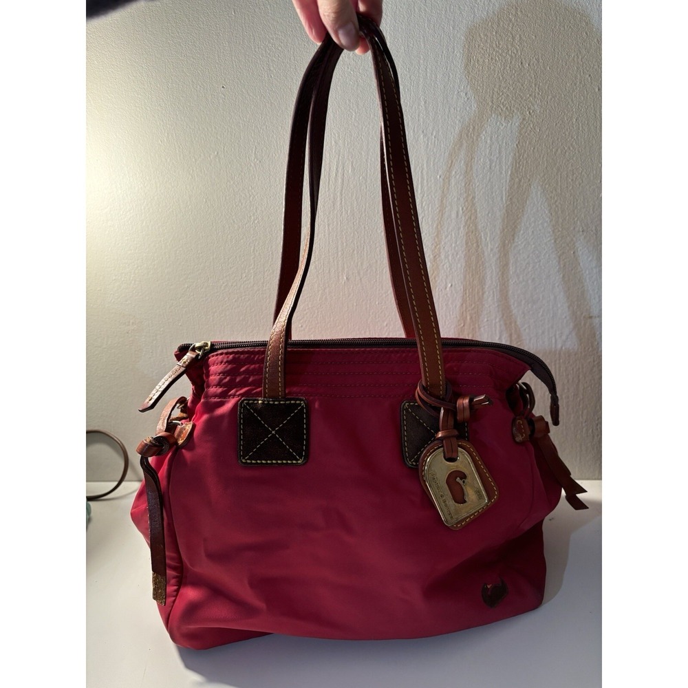 DOONEY & BOURKE Red Nylon Victoria Bag Purse Brown Leather Trim Bag Satchel